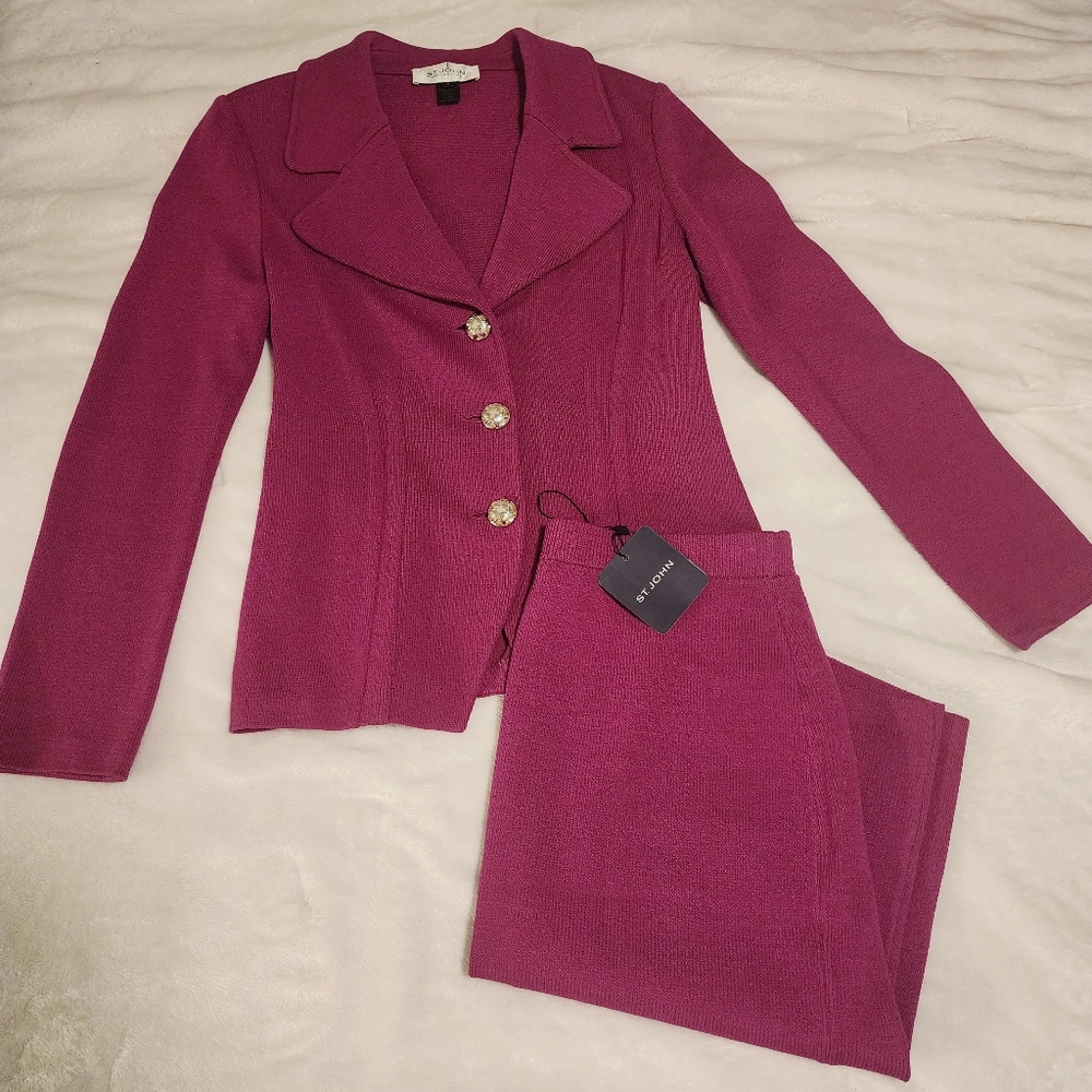 St John Collection knit Pink Suit Jacket Skirt Set w Label Tag intact